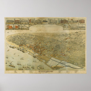 Poster 1885 Galveston, TX Oiseaux Vue panoramique Carte