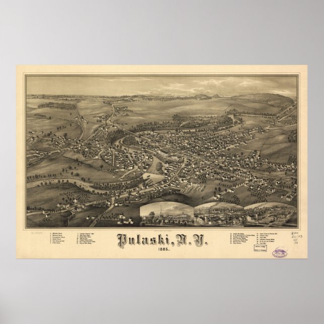 Poster 1885 Pulaski, NY Oiseaux Vue panoramique Carte (Devant)