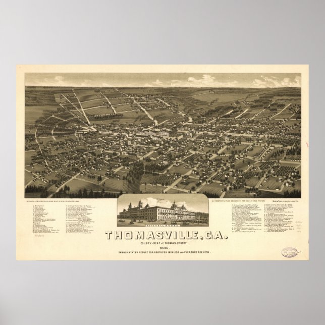 Poster 1885 Thomasville, GA Oiseaux Vue panoramique Carte (Devant)