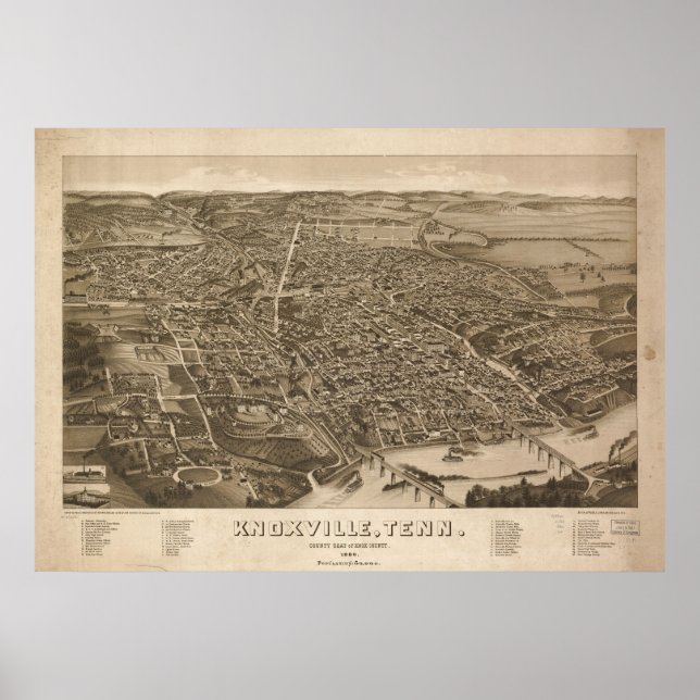 Poster 1886 Knoxville, TN Oiseaux Vue panoramique (Devant)