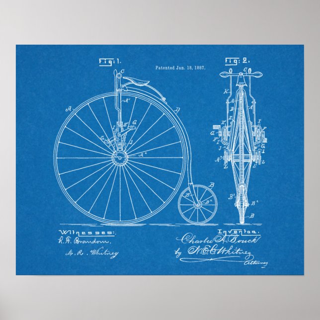 Poster 1887 High Wheeler Bicycle Design Patent Art Print (Devant)