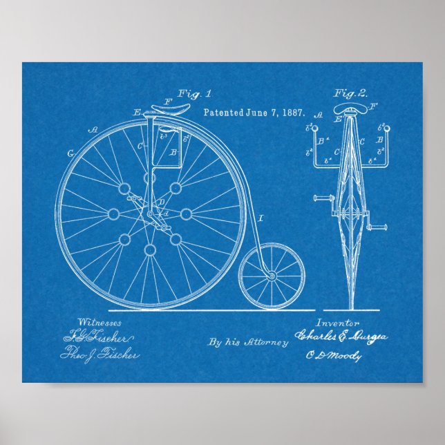 Poster 1887 High Wheeler Bicycle Design Patent Art Print (Devant)