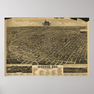 Poster 1889 Lincoln, carte panoramique de vue d'oeil