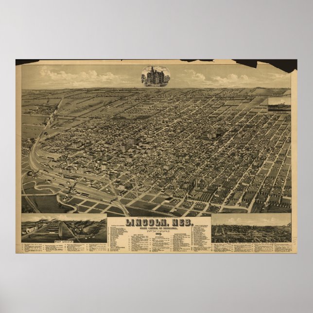 Poster 1889 Lincoln, NE Oiseaux Vue panoramique Carte (Devant)