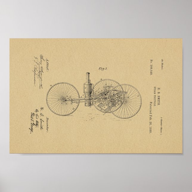 Poster 1889 Vintage Steam Tricycle Brevet d'art Imprimer (Devant)