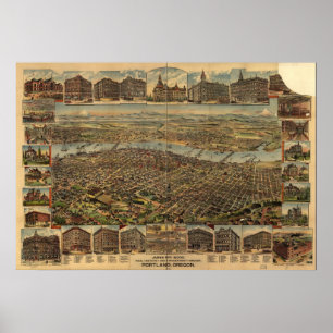 Poster 1890 Portland, OU Oiseaux Vue panoramique