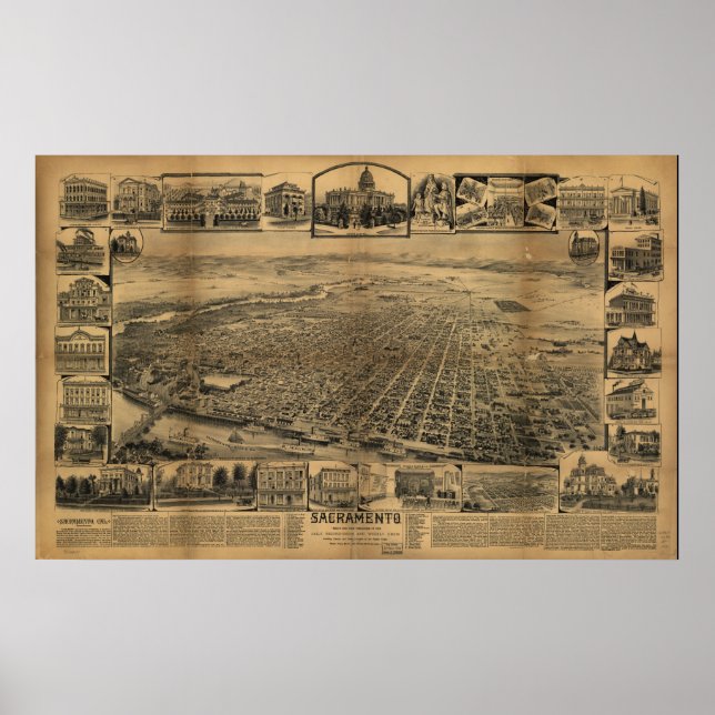 Poster 1890 Sacramento CA Oiseaux Vue panoramique (Devant)