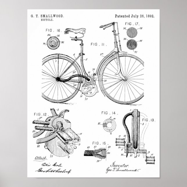 Poster 1892 Chainless Bicycle Patent Art Drawing Print (Devant)