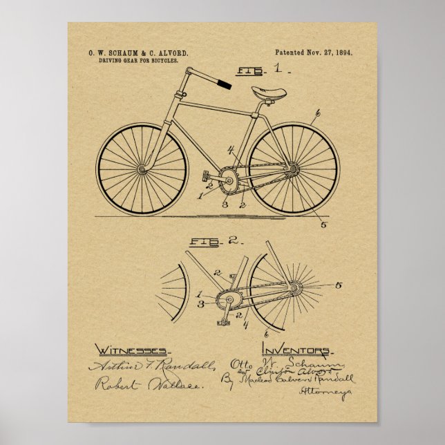 Poster 1894 Elliptical Gear Bicycle Design Patent Print (Devant)