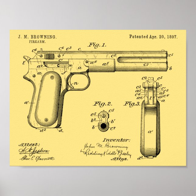 Poster 1897 Browning Gun Brevet Art Dessin Imprimer (Devant)