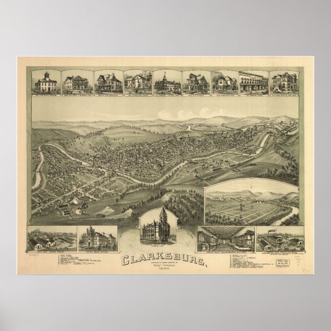 Poster 1898 Clarksburg, WV Bird's Eye Panoramic Map (Devant)