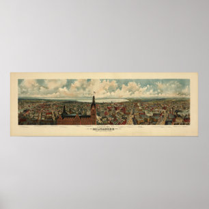 Poster 1898 Milwaukee, carte panoramique de vue d'oeil