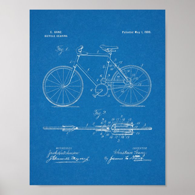 Poster 1900 Bicycle Gear Patent Art Drawing Print (Devant)