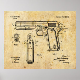 Poster 1911 Colt Browning Gun Patent Art Drawing Print