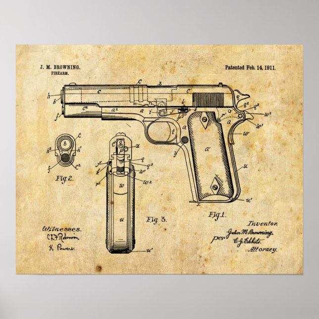 Poster 1911 Colt Browning Gun Patent Art Drawing Print (Devant)