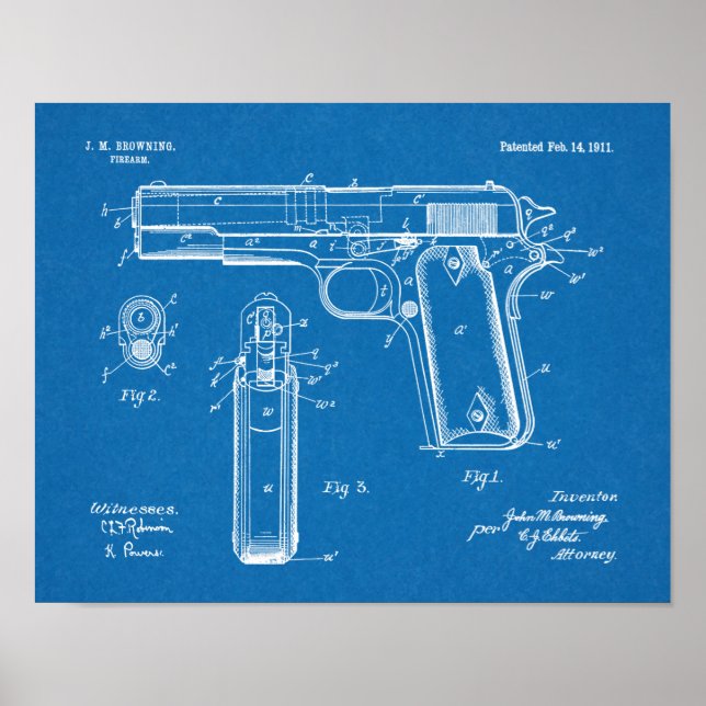 Poster 1911 Colt Browning Gun Patent Art Drawing Print (Devant)