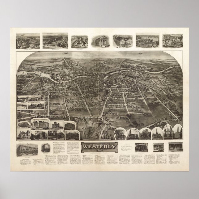 Poster 1911 Ouest, RI Birds Eye View Panoramic Map (Devant)