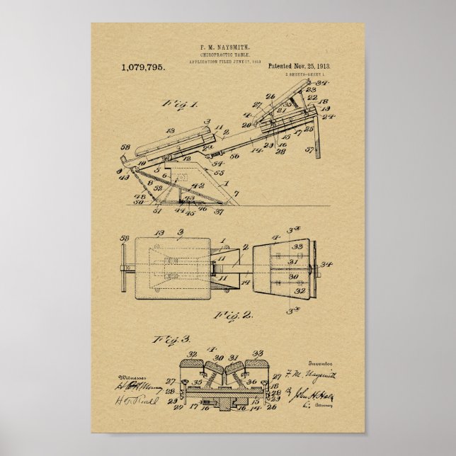 Poster 1913 Vintage Chiropractic Table Brevet Art Imprime (Devant)