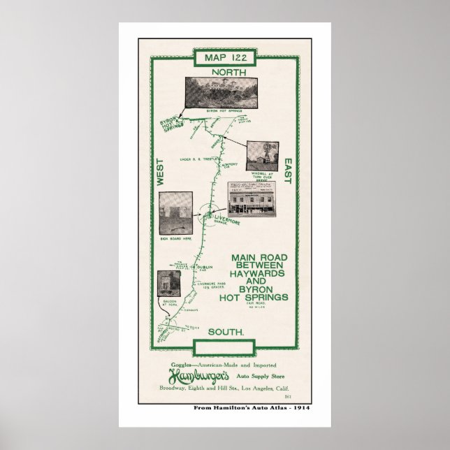 Poster 1914 Carte, Haywards to Byron Hot Springs (Devant)