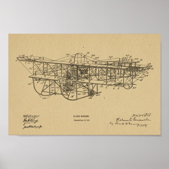 Poster 1915 Flying Machine Airplane Patent Drawing Print (Devant)