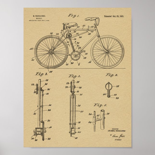 Poster 1918 Chainless Bicycle Design Patent Art Print (Devant)