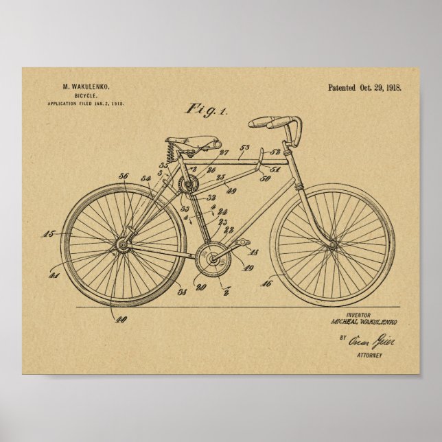 Poster 1918 Conception de bicyclettes sans chaines Brevet (Devant)
