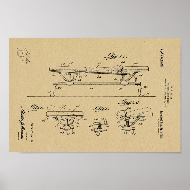 Poster 1921 Vintage Chiropratique Table Brevet Art Imprim (Devant)