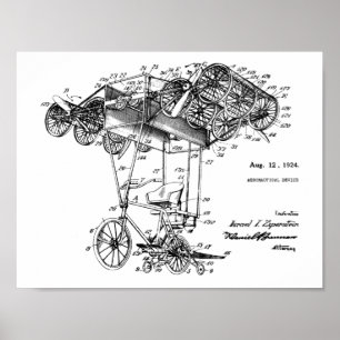 Poster 1924 Flying Bicycle Airplane Patent Drawing Print