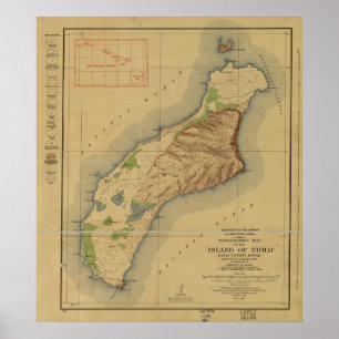 Poster 1929 carte de Niihau, îles hawaïennes