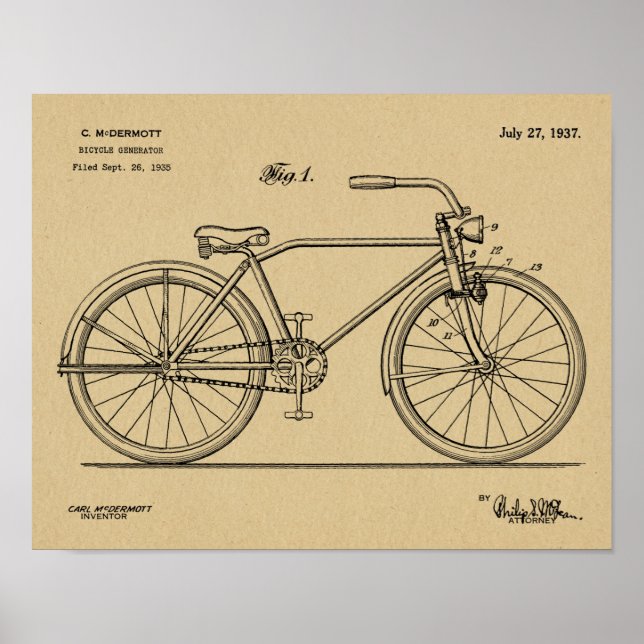 Poster 1937 Bicycle Headlamp Design Brevet Art Imprimer (Devant)