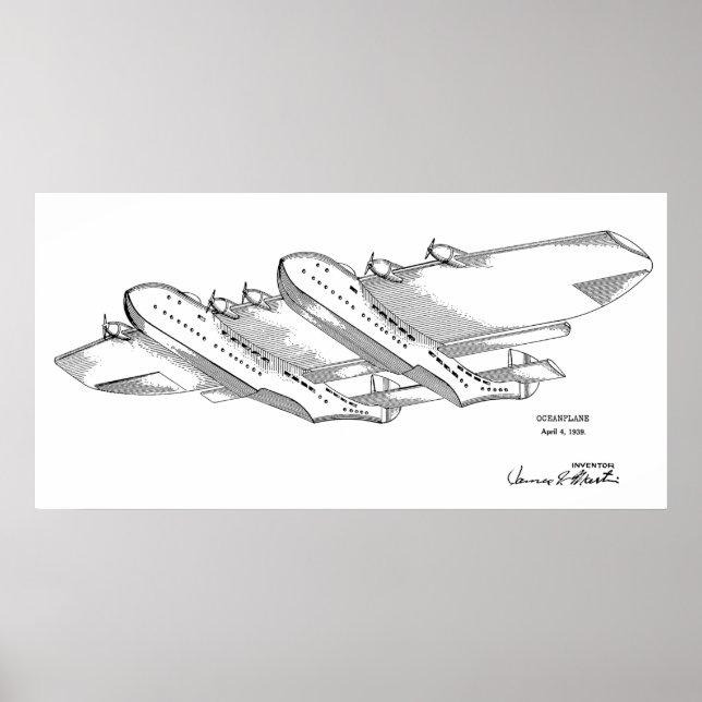 Poster 1939 Ocean Airplane Patent Art Drawing Print (Devant)
