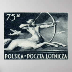 Poster 1948 timbre polonais de par avion de 75 zt