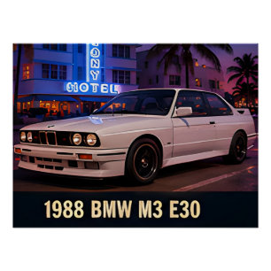 Poster 1988 BMW M3 E30 Miami Rétro 1980s Allemande Sports