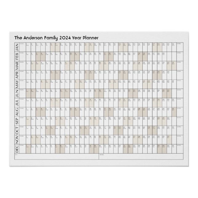 Poster 2024 Année Planificateur Nom de famille Bureau Cal (Devant)