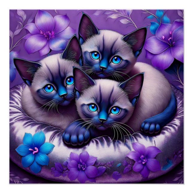 Poster 3 Chatons Siamais Fleurs violettes Coussin Argent (Devant)
