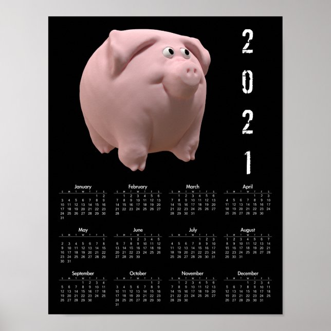 Poster 3D Funny Pig 2 Black Calendar 2021 (Devant)