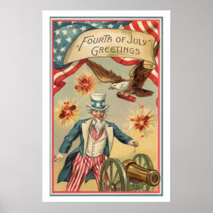 Poster 4 juillet vintage Fireworks avec Oncle Sam