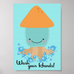Poster 5x7 Ocean Squid Laver vos mains Salle de bain Wall