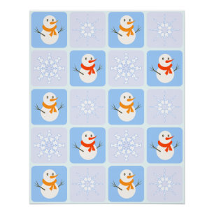 Poster À damiers hiver bonhomme de neige motif et flocons