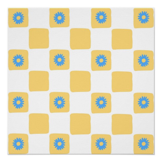 Poster À damiers Jaune Blanc Avec Motif Fleur Bleu (Devant)
