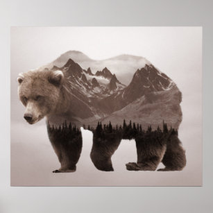 Poster à double exposition de l'ours Brown Mountai