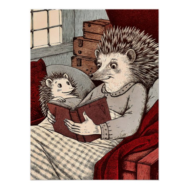 Poster A hedgehog in a blanket reading a book to a young  (Devant)