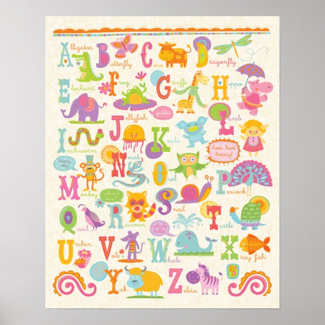 Poster ABC Animal Alphabet Girl Nursery Print (Devant)