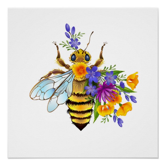 Poster Abeille à fleurs avec plantes sauvages (Devant)