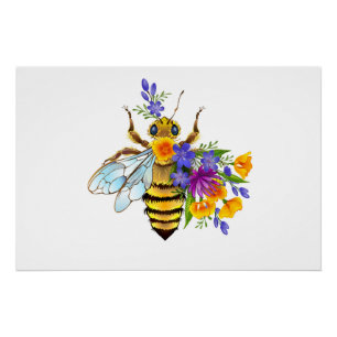 Poster Abeille à fleurs avec plantes sauvages
