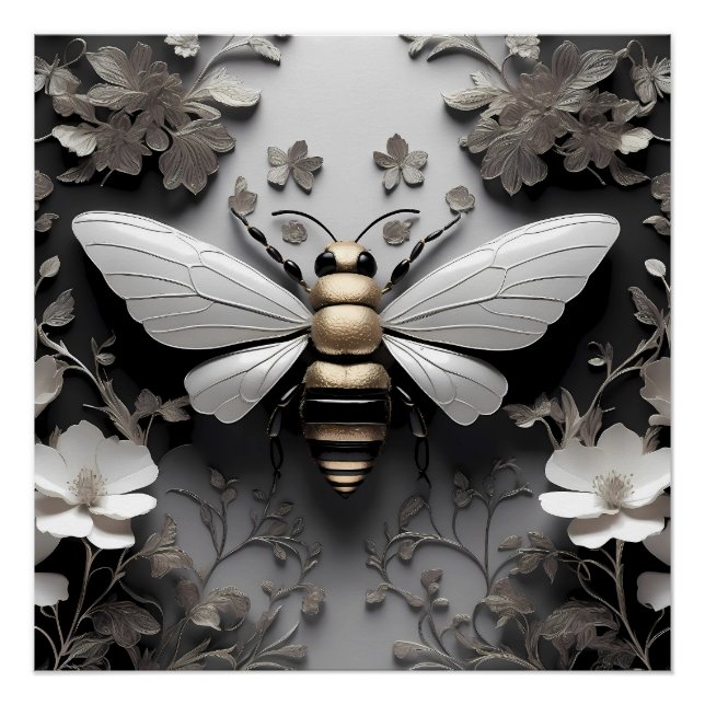 Poster Abeille de miel dorée sur toile florale (Devant)