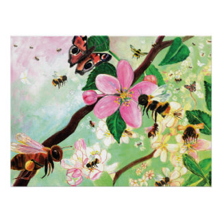 Poster Abeilles de miel, bourdons et arbre florissant du