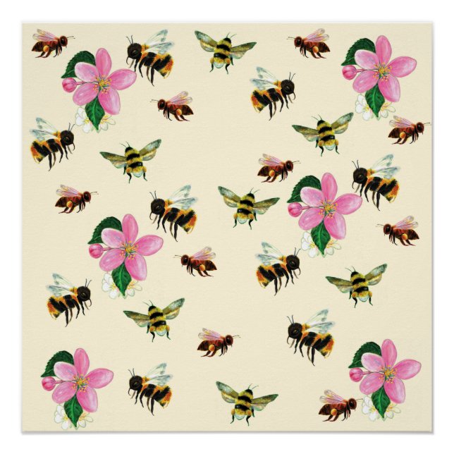 Poster Abeilles et bourdons & fleurs de fruits (Devant)