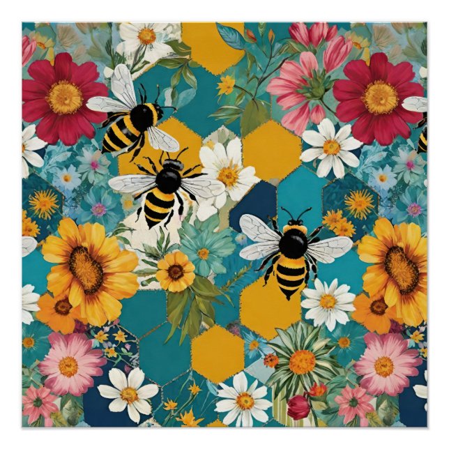 Poster Abeilles et fleurs motif abeille fleur (Devant)