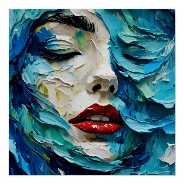 Poster Abstract art painting female face ocean waves (Devant)